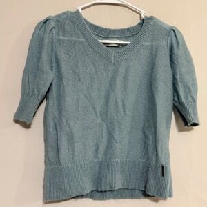 Abercrombie Fitch Light Blue V Neck Puff Sleeve Knit Sweater Womens L Feminine